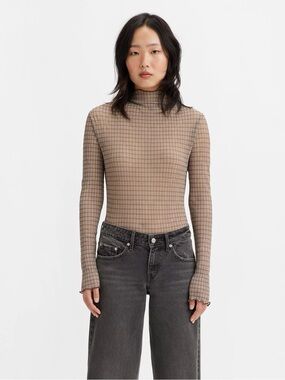 Levi’s Womens Lettuce Edge Second Skin Long Sleeve MockNeck Plaid Top Size Large